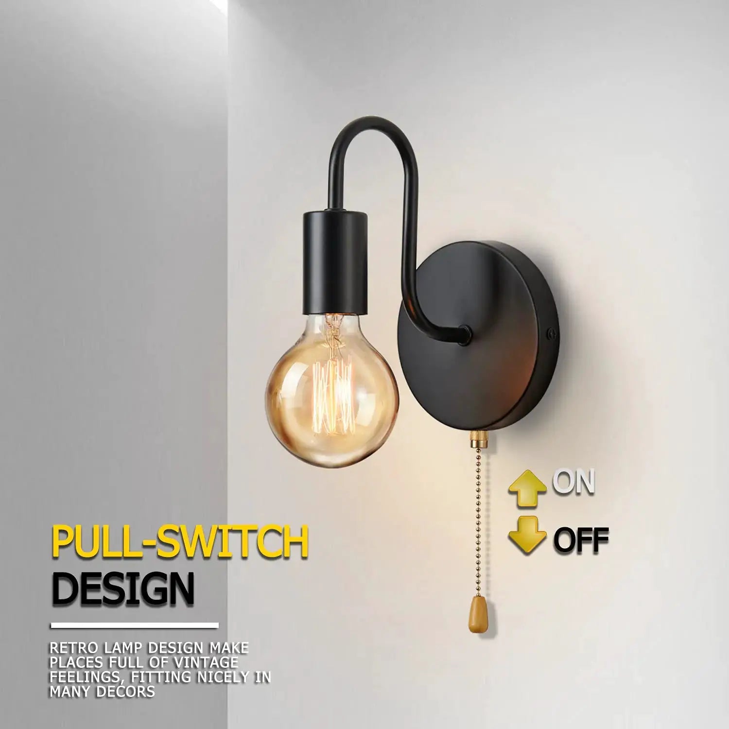 Nordic industrial black iron wall lamp with curved arm and exposed Edison bulb; pull-switch design.