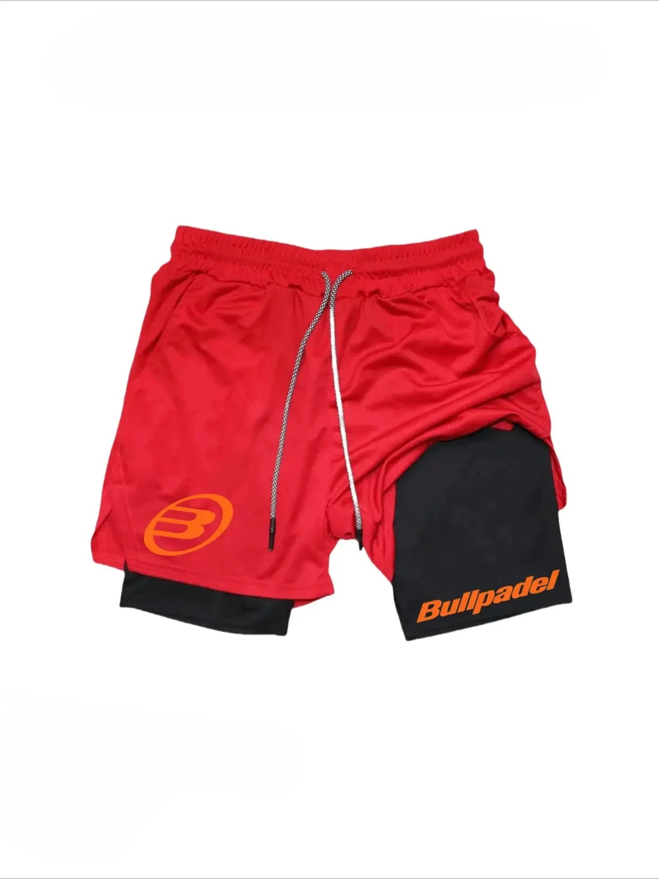 Berserk men's 2-in-1 red running shorts with black inner layer, drawstring, Bullpadel logo on leg