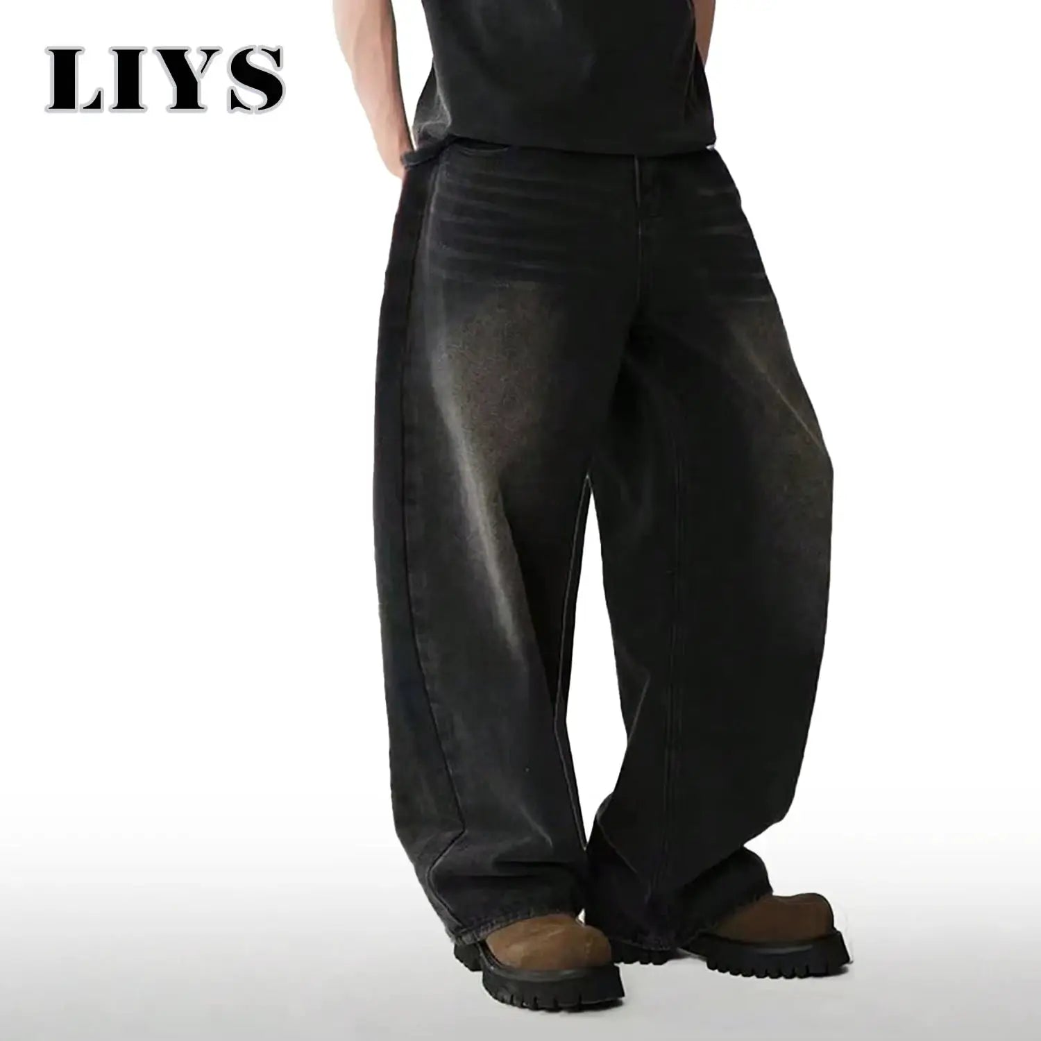 Men's baggy black denim jeans by Simples Market, four-season Korean style