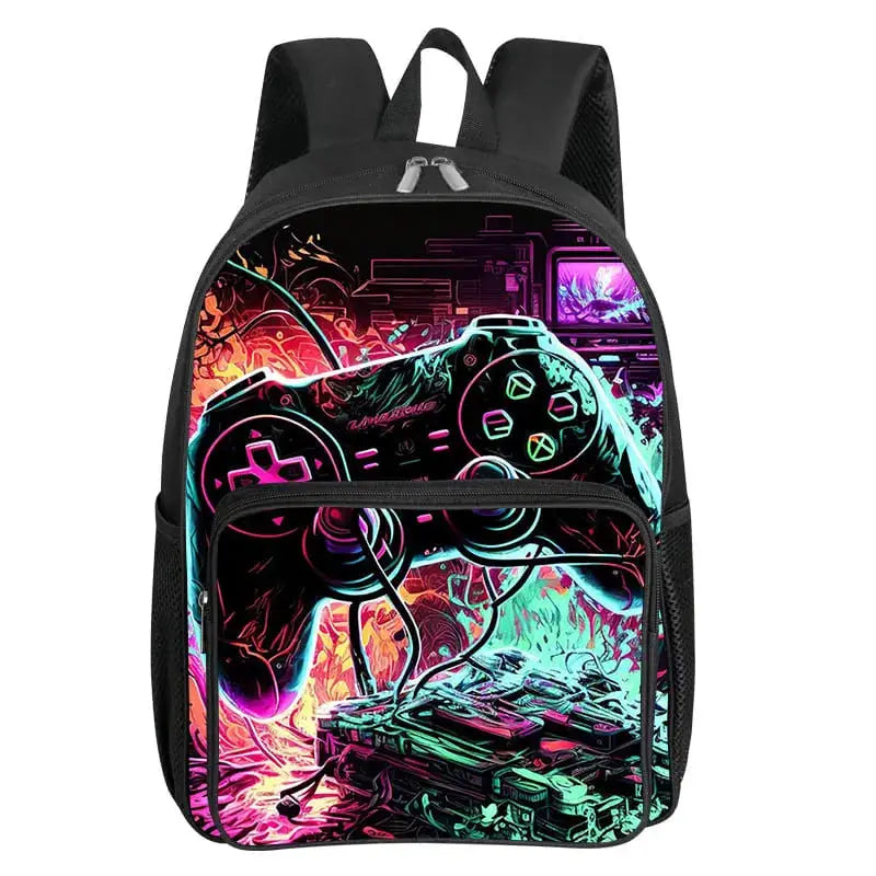 Backpack with GamePad pattern, square front pocket, black body, neon controller artwork for kids