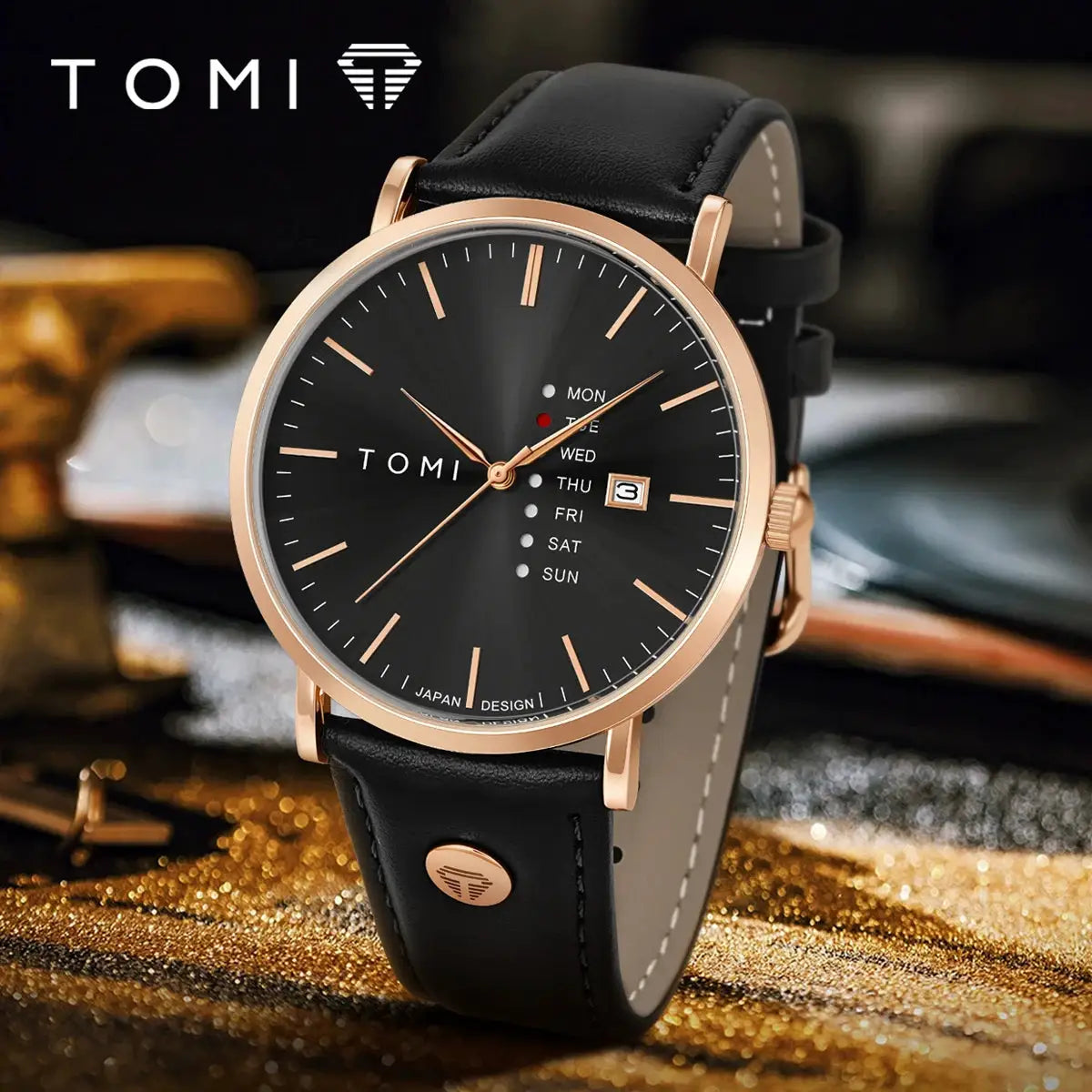 TOMI men's quartz wristwatch with black dial and rose-gold case, featuring a weekday calendar
