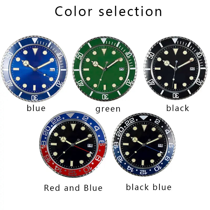 34cm luxury metal wall clock set of five color variants: blue, green, black, red-and-blue, and black-blue