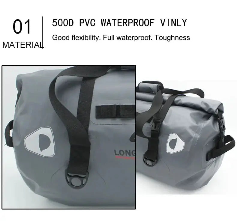 40L-120L gray PVC waterproof duffle bag with black straps for motorcycle tail bag.