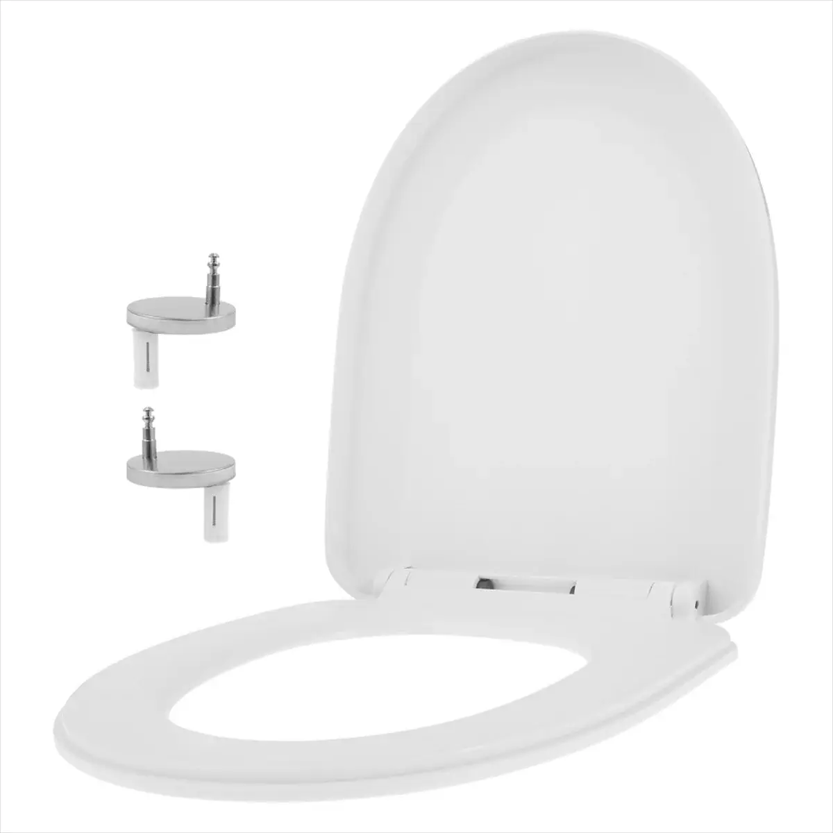 UV-shaped toilet seat by Simples Market with slow-close lid; includes two mounting brackets, white.