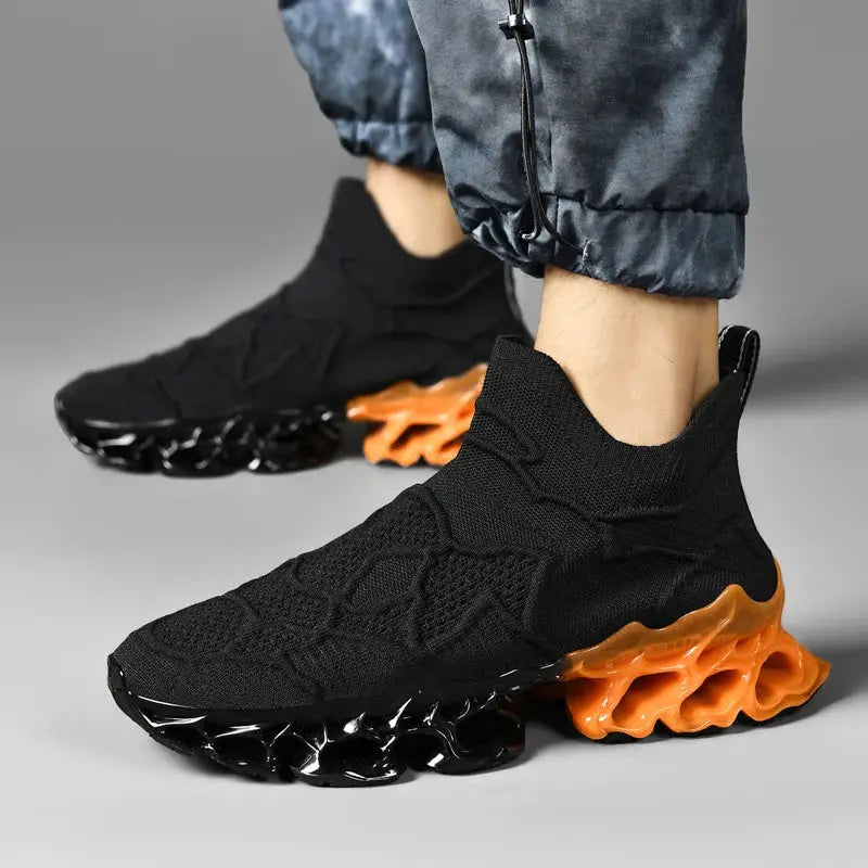 Men's knit sneakers, black with orange outsole, breathable running shoes