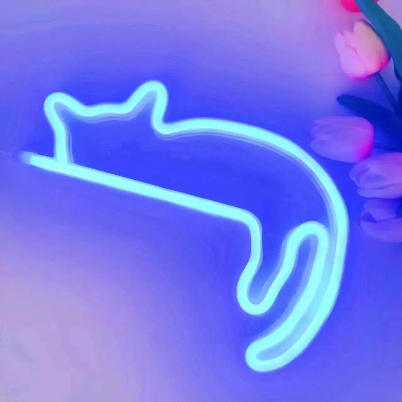 Cat neon sign LED light in blue, USB powered wall decor by Simples Market.