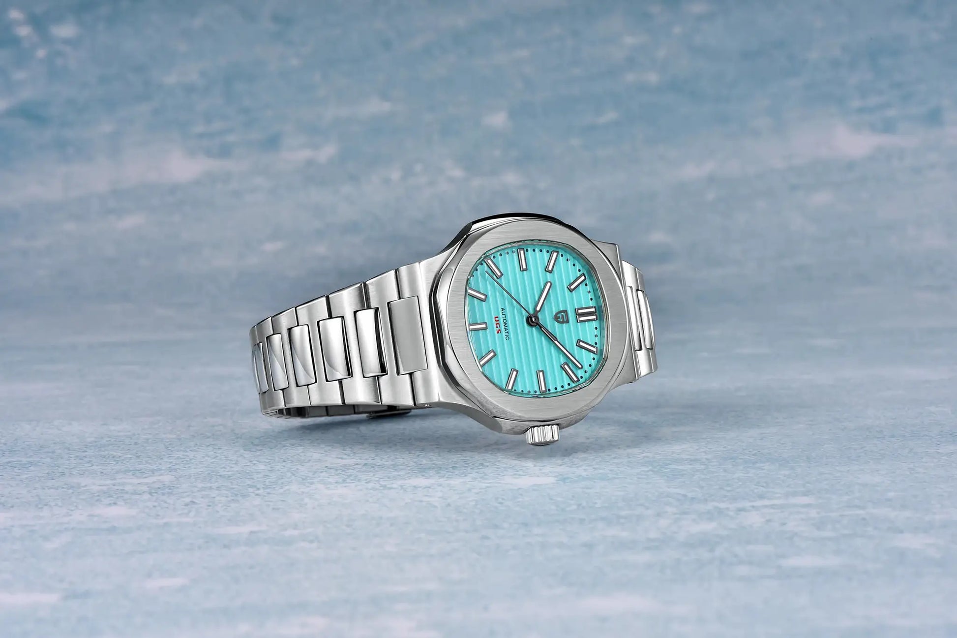 Pagani Design 40mm stainless steel men's watch with turquoise dial, automatic movement, sapphire glass.