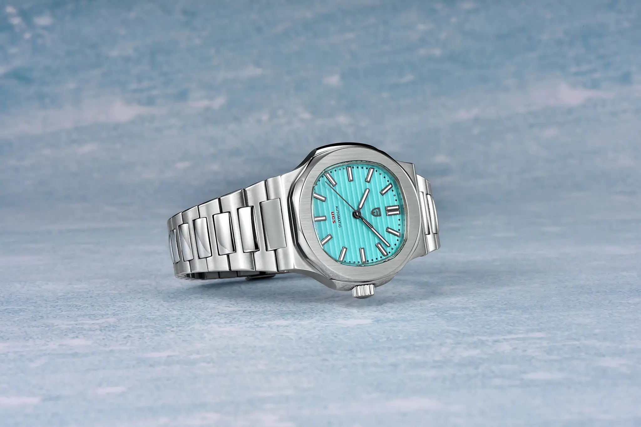 Pagani Design 40mm stainless steel men's watch with turquoise dial, automatic movement, sapphire glass.