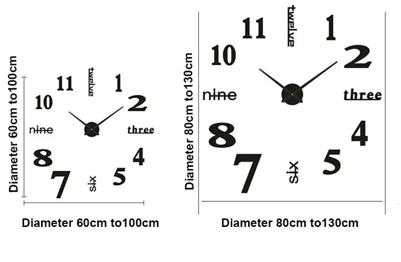 Soundless 3D Number Poster wall clock; two sizes 60–100 cm and 80–130 cm, black numbers on white.