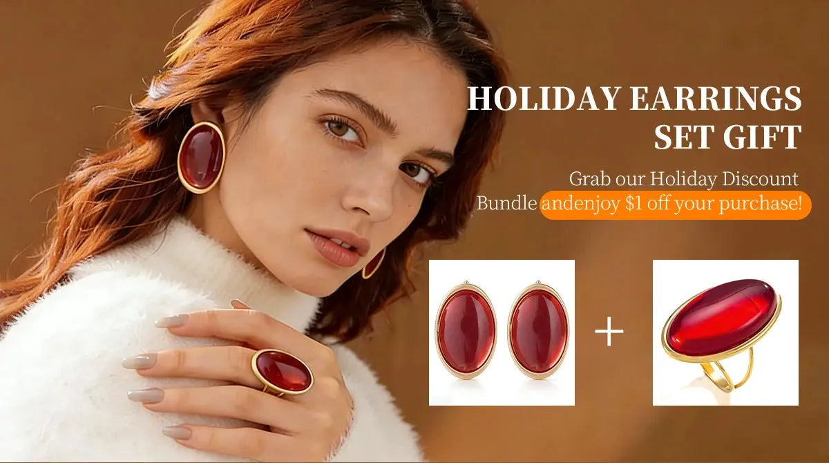 Vintage red resin oval stud earrings by Simples Market with gold-tone setting; includes matching red oval ring