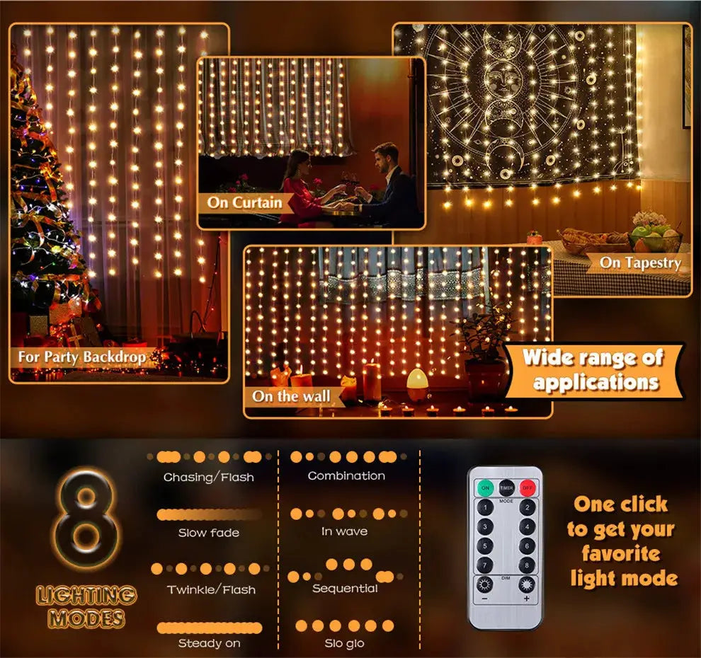 Led Fairy String Curtain Lights With 8 Modes Remote USB Festoon For Christmas Decor For Home And Holiday New Year Lamp