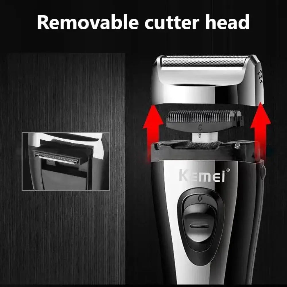 KM-9038 men's rechargeable foil shaver with removable cutter head, silver-black Kemei design