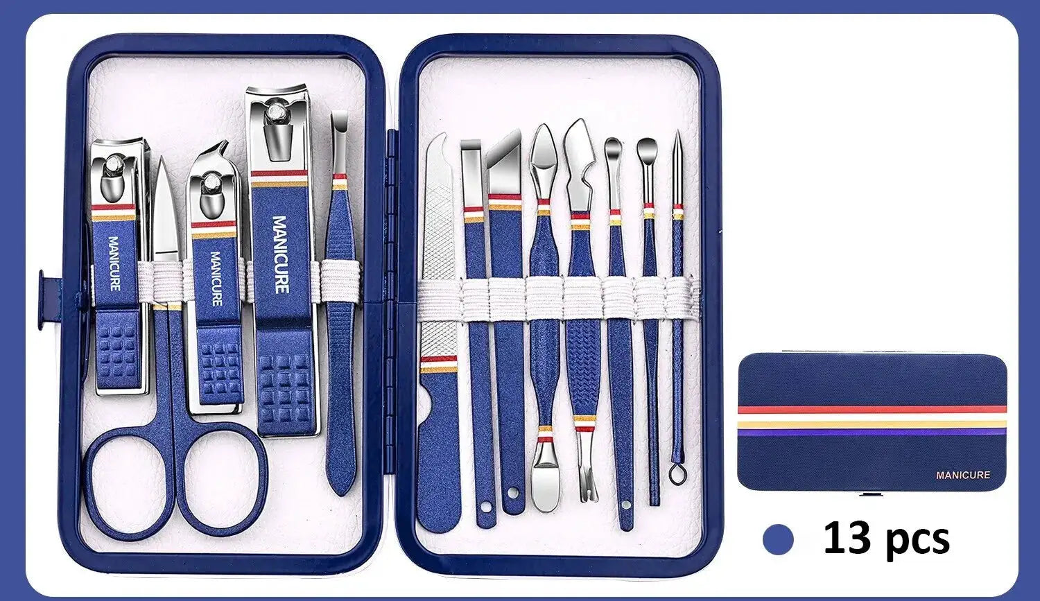 Manicure tool set by Simples Market in blue stainless steel case; 13-piece nail cutters and tools