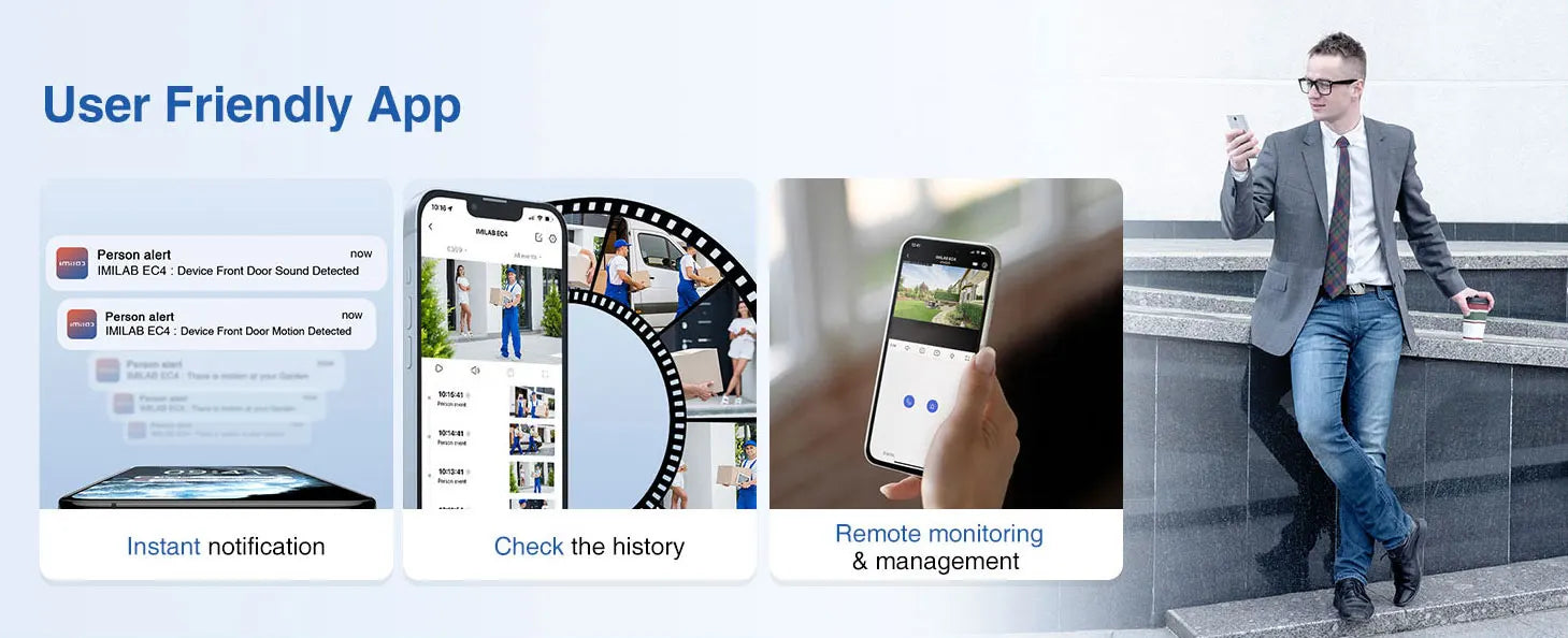 IMILAB EC4 outdoor camera banner with app features: instant notifications, check history, remote monitoring.