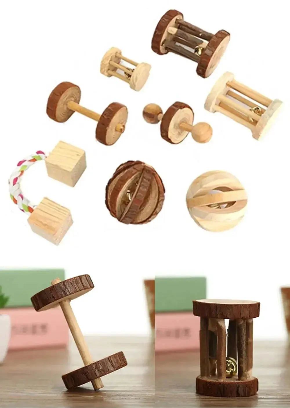 Rabbit Roller Toys 10-piece wooden pine chew set for small pets by Simples Market
