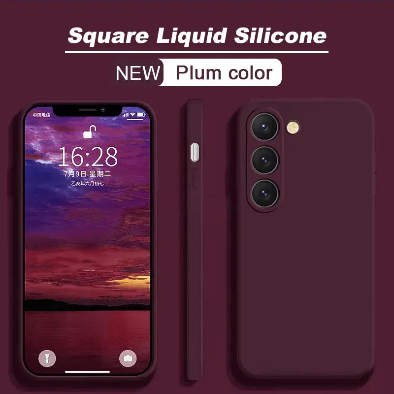 Simples Market Square Liquid Silicone plum phone case for Samsung Galaxy S26/S25 series; soft silicone, triple-camera cutout