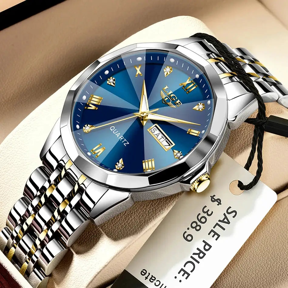 LIGE women's luxury waterproof quartz watch with blue dial and stainless steel bracelet