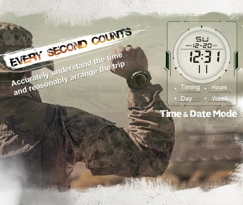 NORTH EDGE digital military wristwatch on camo-clad soldier, displaying time and date.