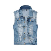 Denim sleeveless vest for men in light blue with ripped detailing, button front, and chest pockets.