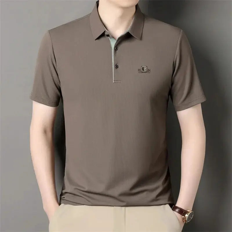 Men's polo shirt, brown solid color with small chest badge logo, short sleeves