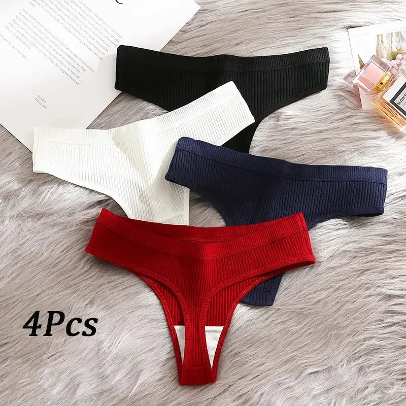 4Pcs women's striped cotton G-strings underwear set in black, white, navy, and red by Simples Market