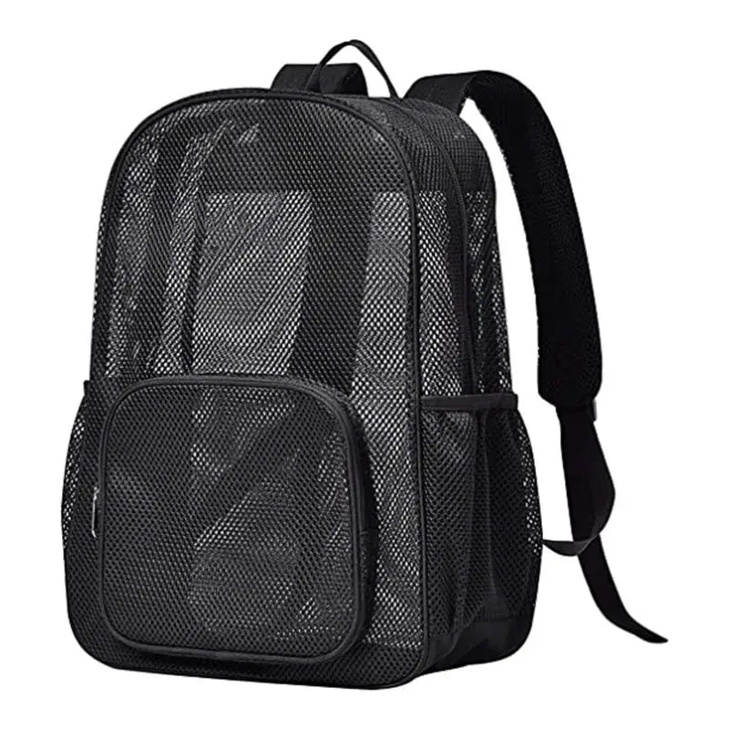 Simples Market Women's mesh breathable backpack, black with front zipper pocket and side mesh pockets.
