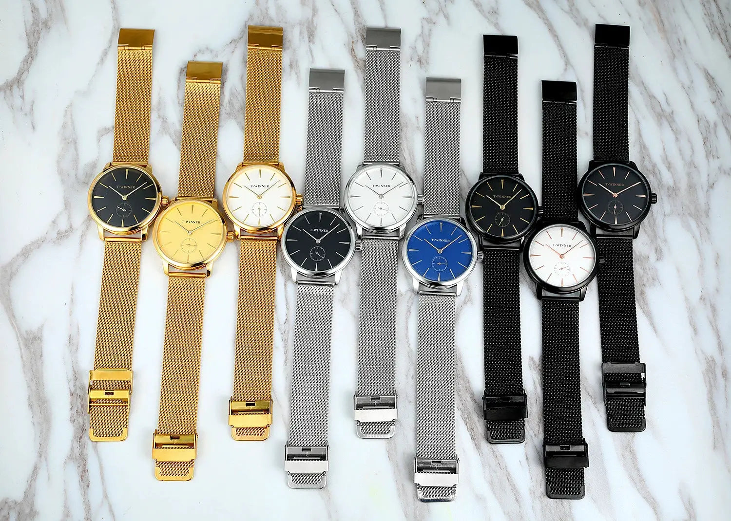 WINNER men's mesh-strap wristwatches by Simples Market in gold, silver, blue, and black finishes (10 watches)