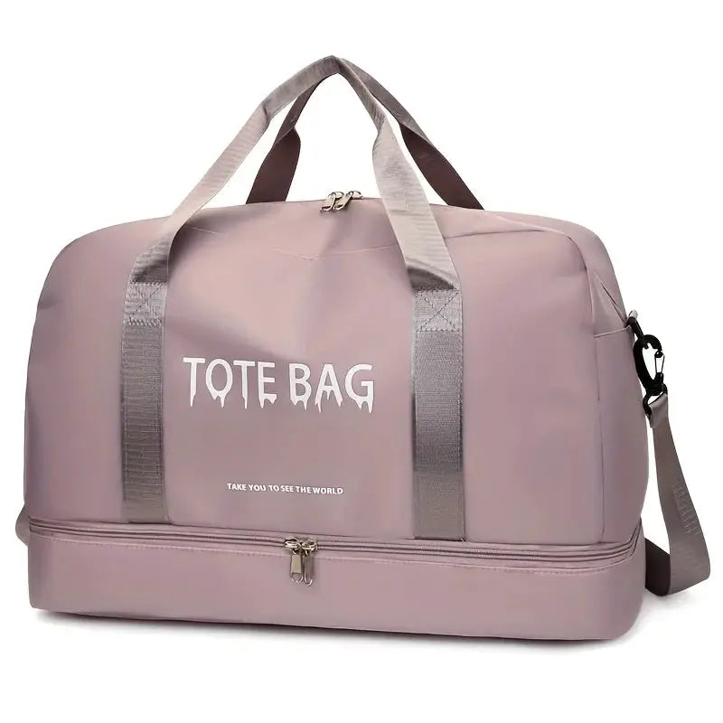 Duffle bag in mauve nylon with adjustable shoulder strap, twin top handles, and a bottom zip compartment for gear.