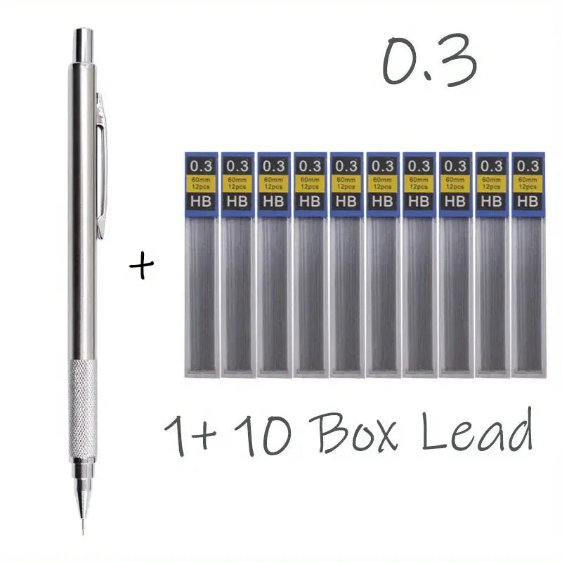 All-metal mechanical pencil with 0.3mm HB lead and 10 box lead refills