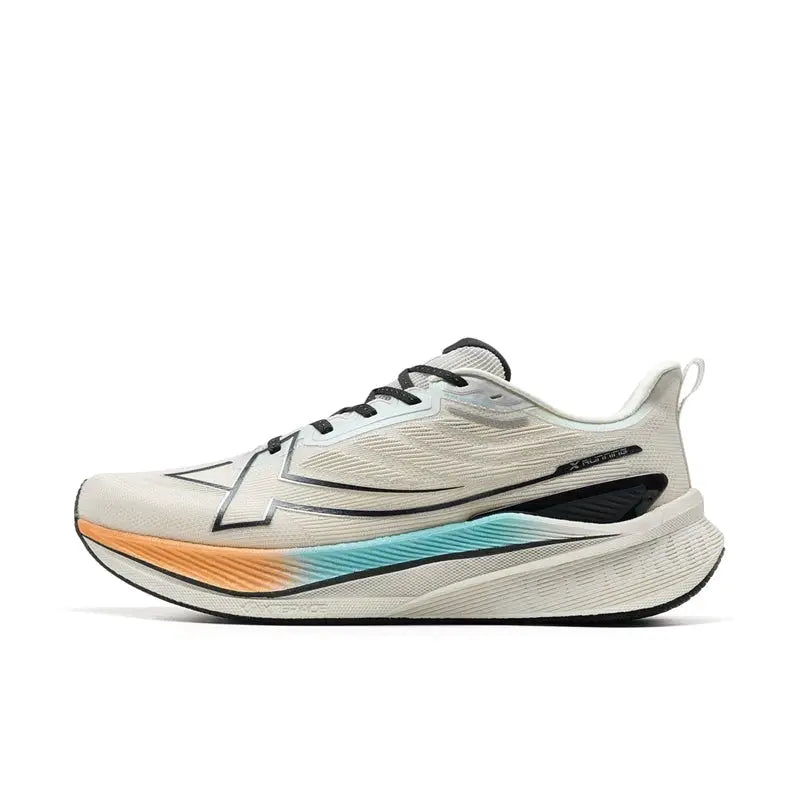 Xtep 2000km 3.0 men's running shoes by Simples Market; cream upper with orange-teal gradient midsole, lightweight.