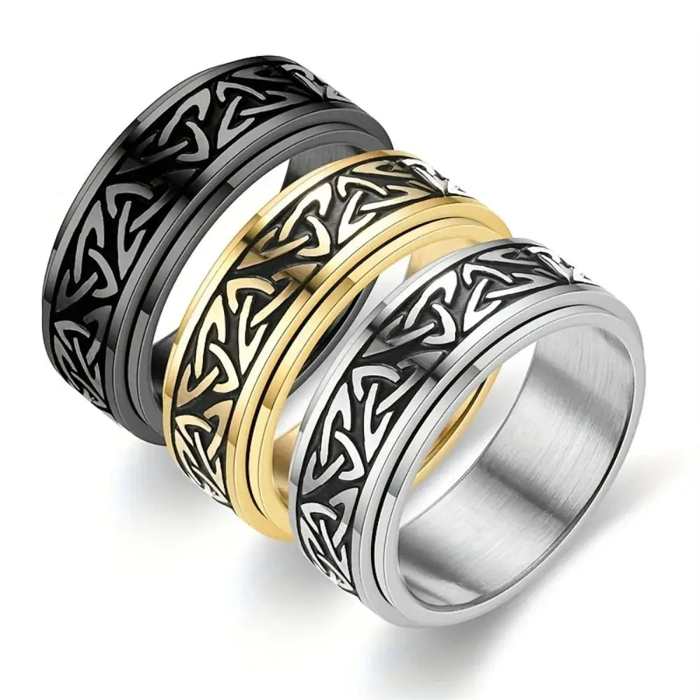 Fashion Titanium Steel Ring With Celtic Triangle Knot Pattern For Men Rotatable Stress Relief Jewelry