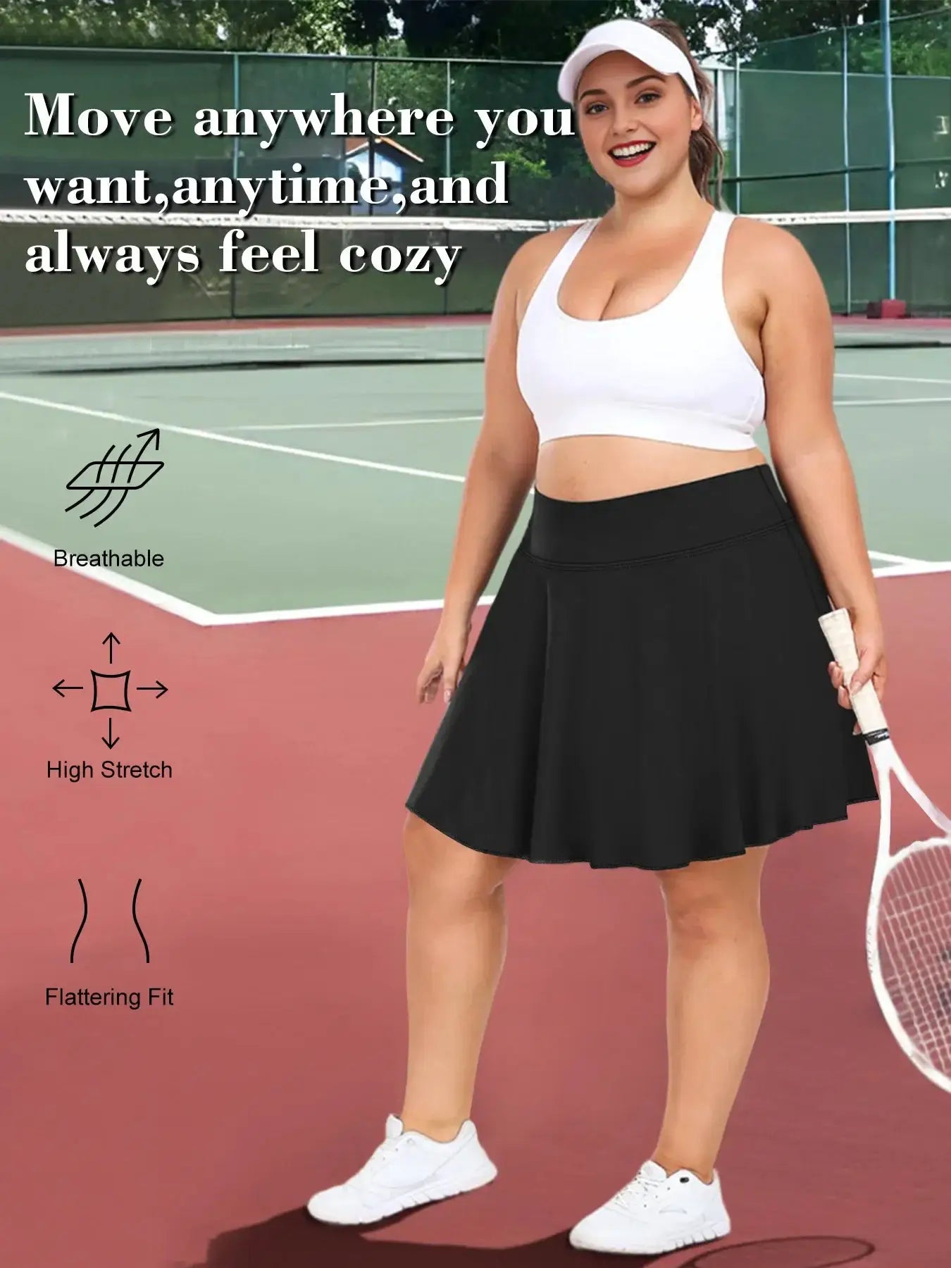 Simples Market plus-size pocket short skirt, high-waist black fitness skirt on a model at a tennis court