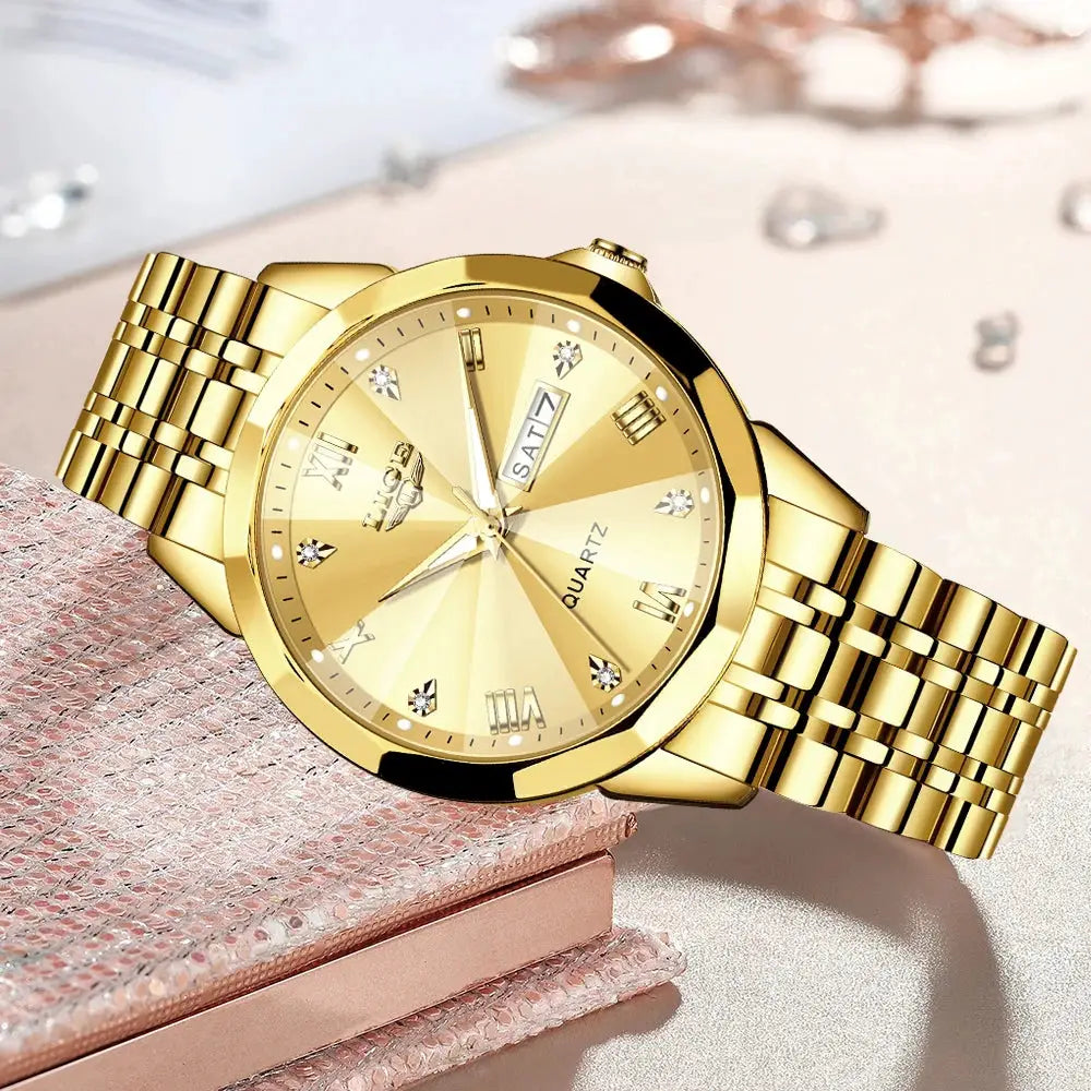 LIGE gold-tone women's luxury wristwatch with metal bracelet and day-date window.