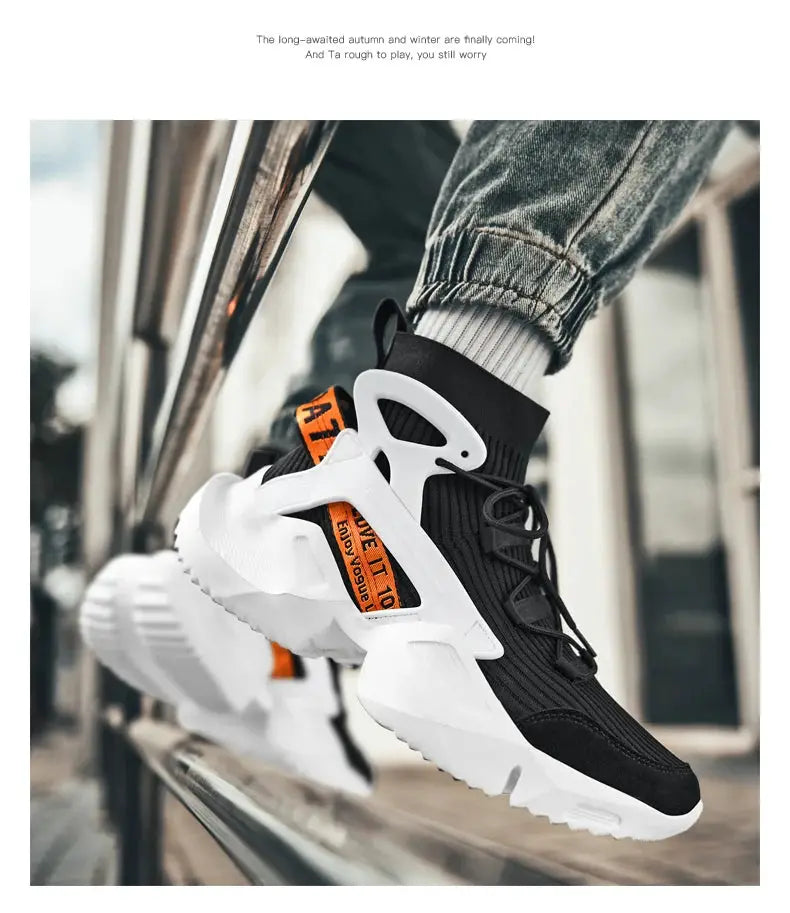 Men's sneakers black knit high-top with white chunky sole and orange strap, Simples Market