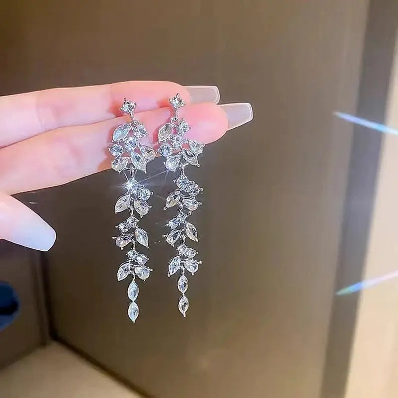 Exquisite Leaves Crystal Flower Stud Earrings For Women AAA Zircon Rose Butterfly Tassel Bridal Wedding Party Jewelry