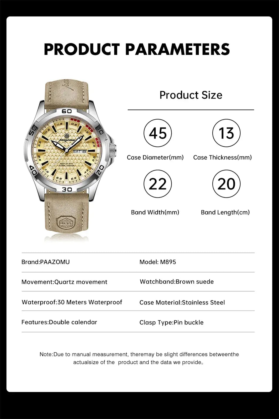 PAAZOMU men's luxury quartz watch with stainless steel case, beige dial and tan leather strap