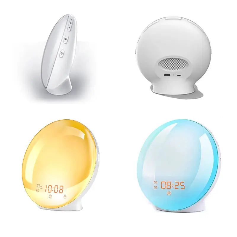 Simples Market Sunrise Alarm Clock wake-up light with sunrise/sunset; white desk clock with orange and blue LED displays