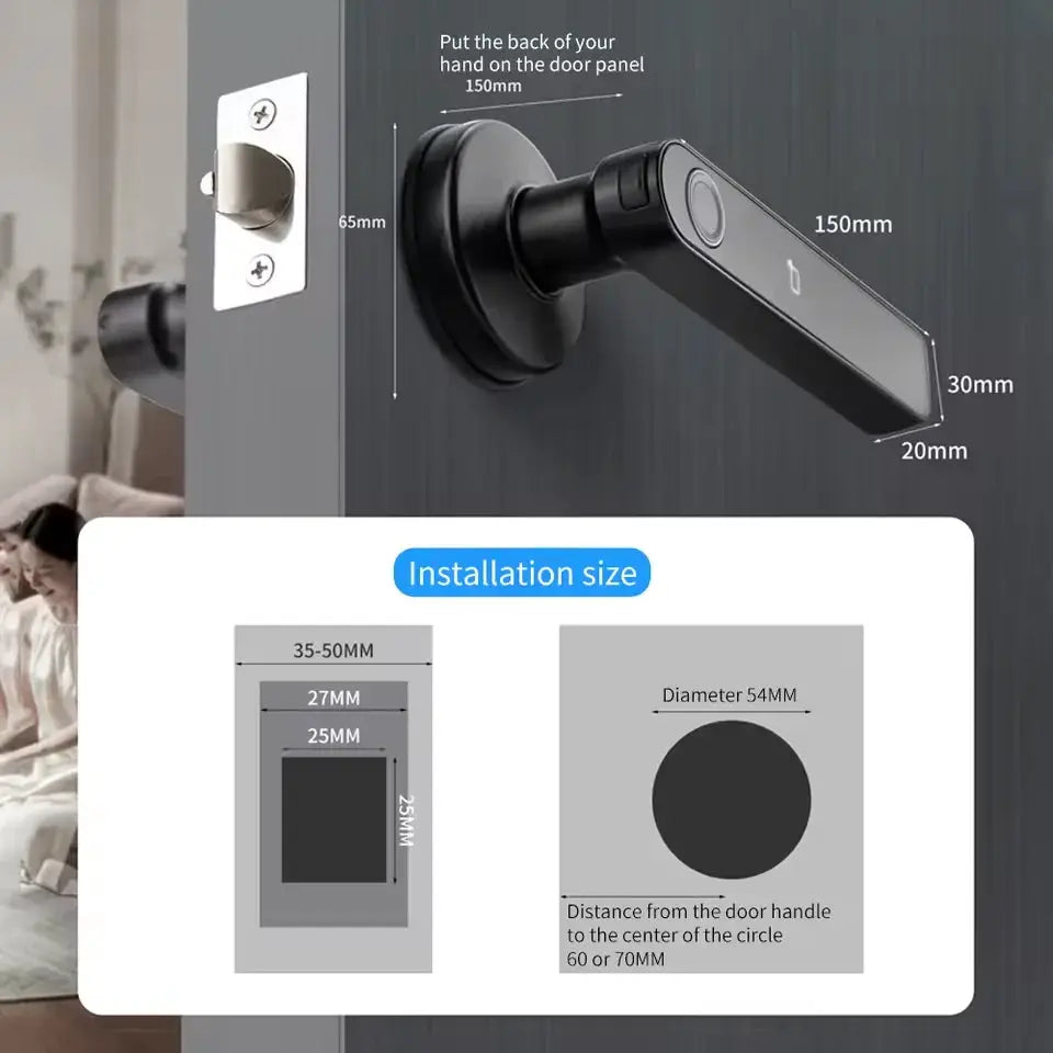 Smart fingerprint door lock lever by Simples Market, black Bluetooth Tuya App NFC and mechanical key for wooden doors