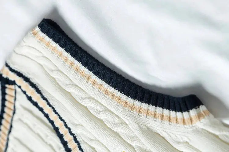 Men's thick knitted sweater vest in cream with navy and beige stripes at the neckline; V-neck, cable-knit texture