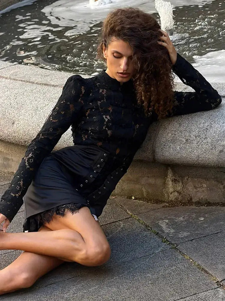 Urban Lace Patchwork Women's Black Mini Skirt with Lace Hem and Studded Belt