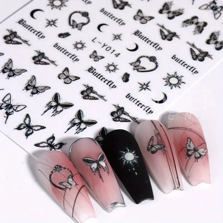 Nail decals sheet by Simples Market with black butterfly outlines for manicure