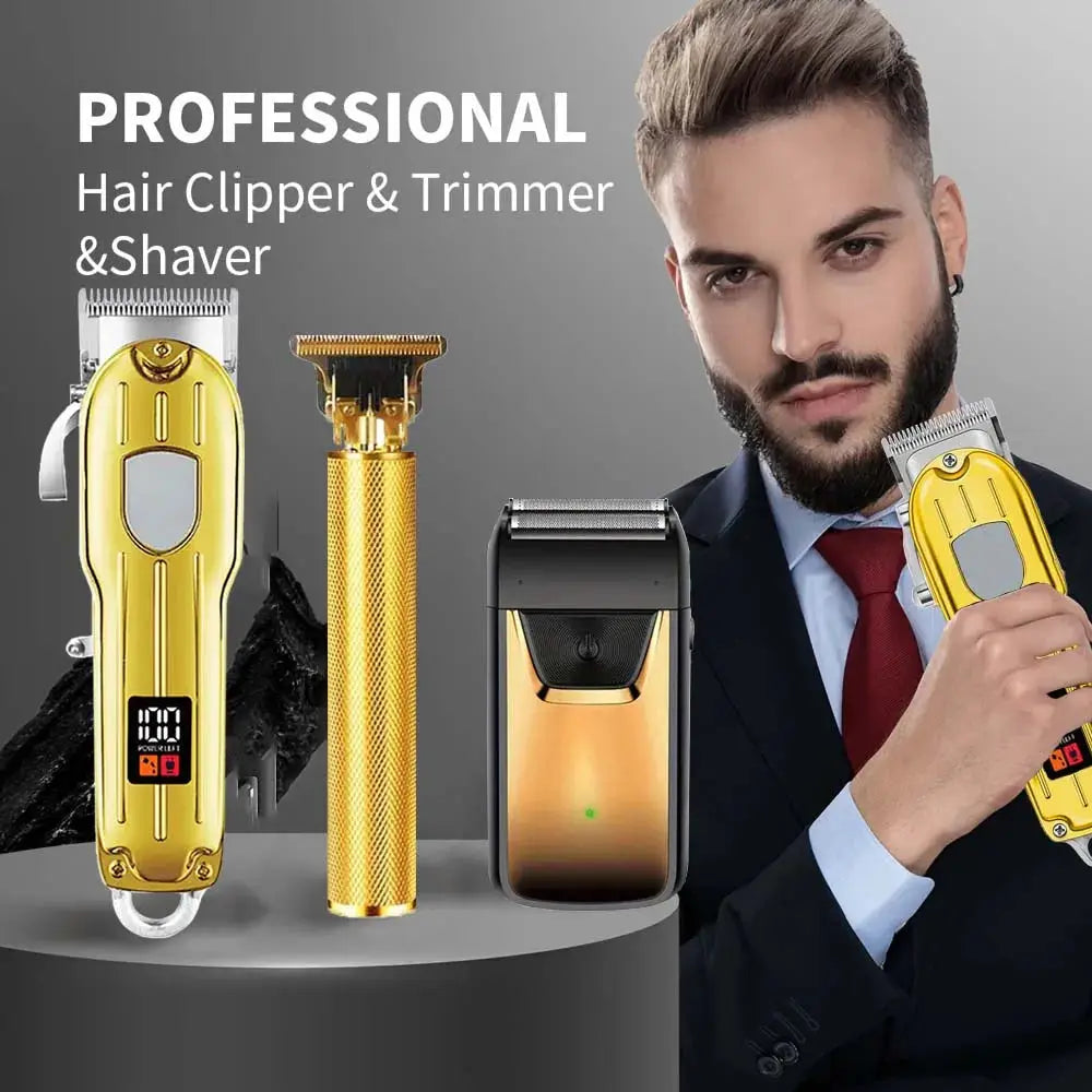 Professional hair clipper and trimmer set featuring four gold-tone cordless grooming devices.