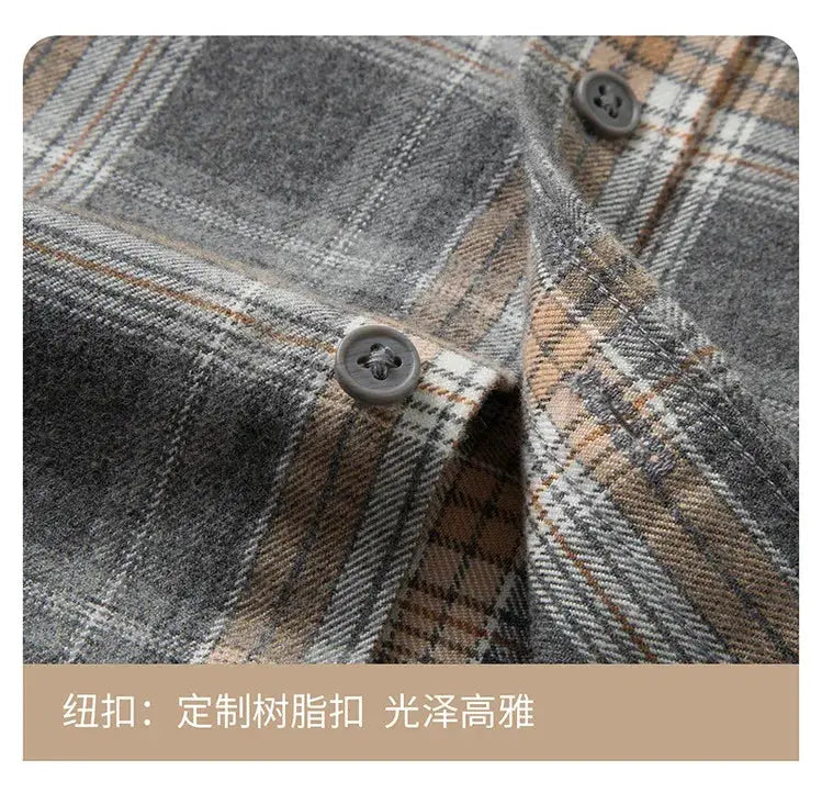 Simples Market men's plaid flannel shirt, 100% cotton in grey/tan multi-color with resin buttons