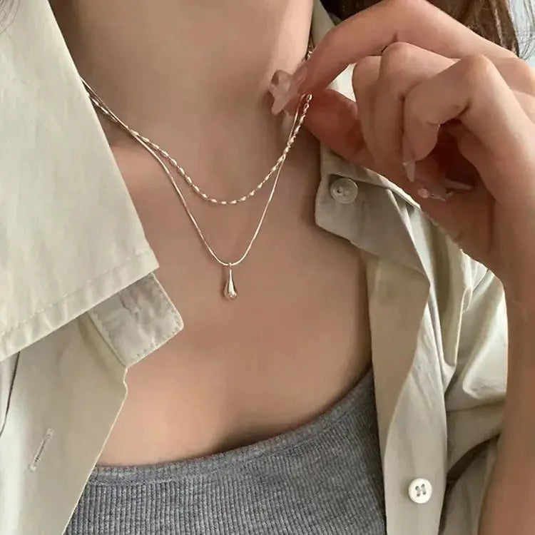 925 Sterling Silver drop pendant necklace with double-collar chain for women