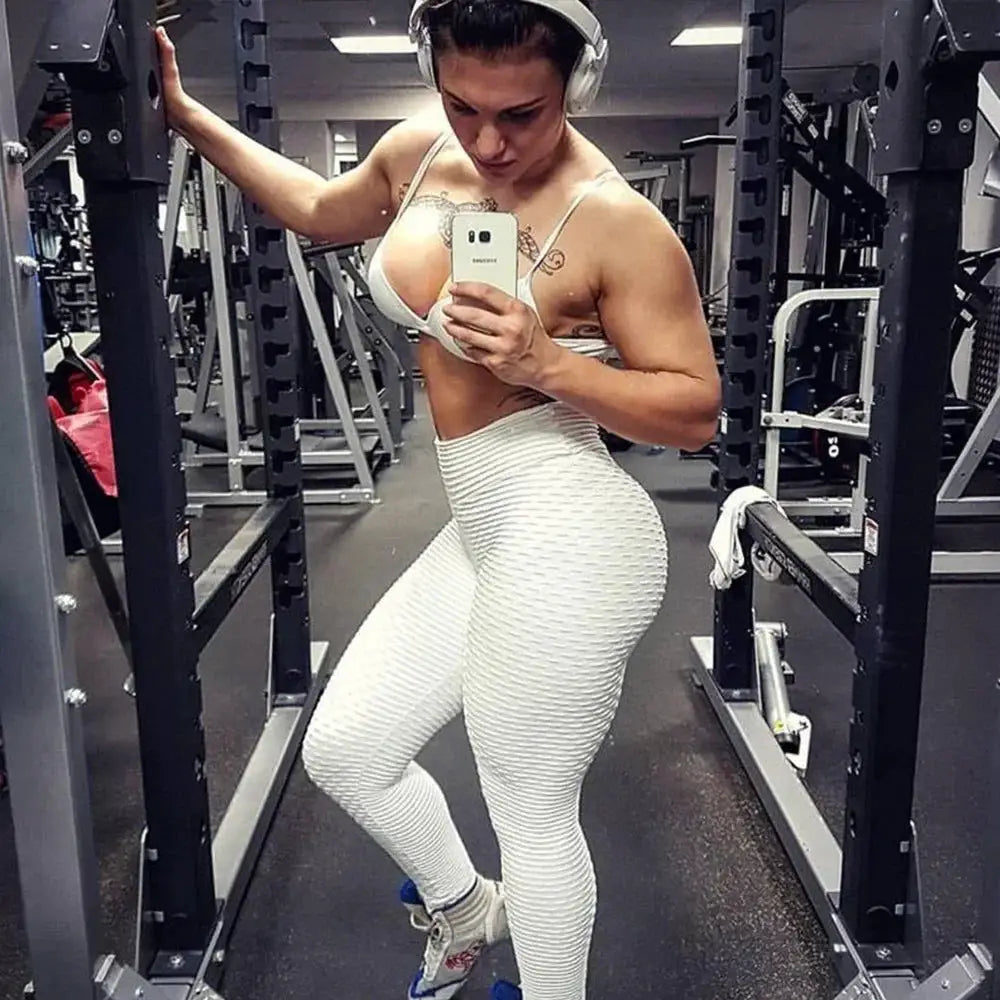 Women's high-waist bubble leggings, white textured seamless yoga pants by Simples Market