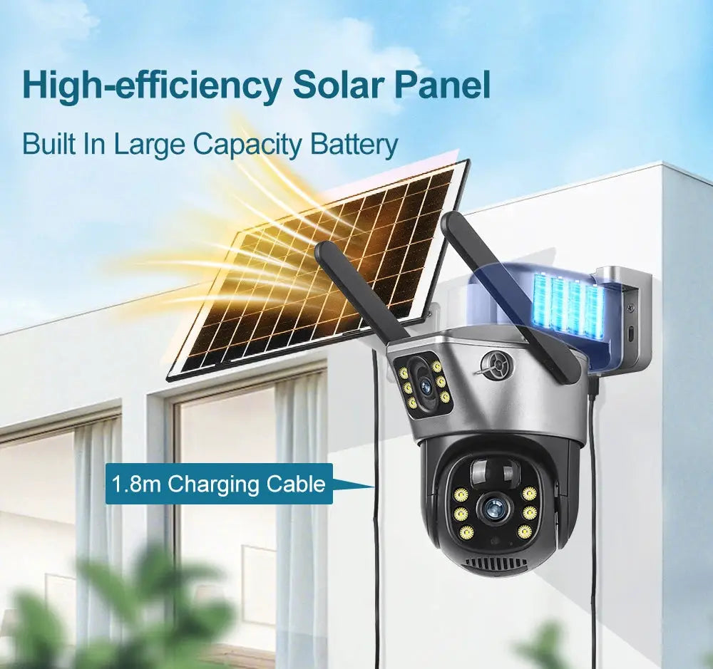 Outdoor solar security camera with dual lenses, 4G/WiFi connectivity, built-in battery and PIR night vision