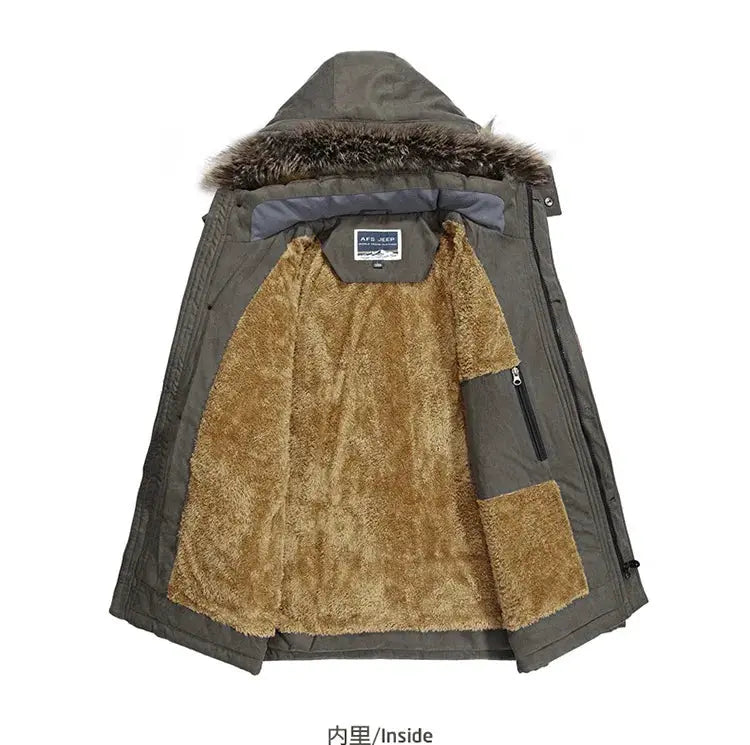 Men's olive green hooded down parka with fur collar, plush tan lining, multiple pockets by Simples Market.