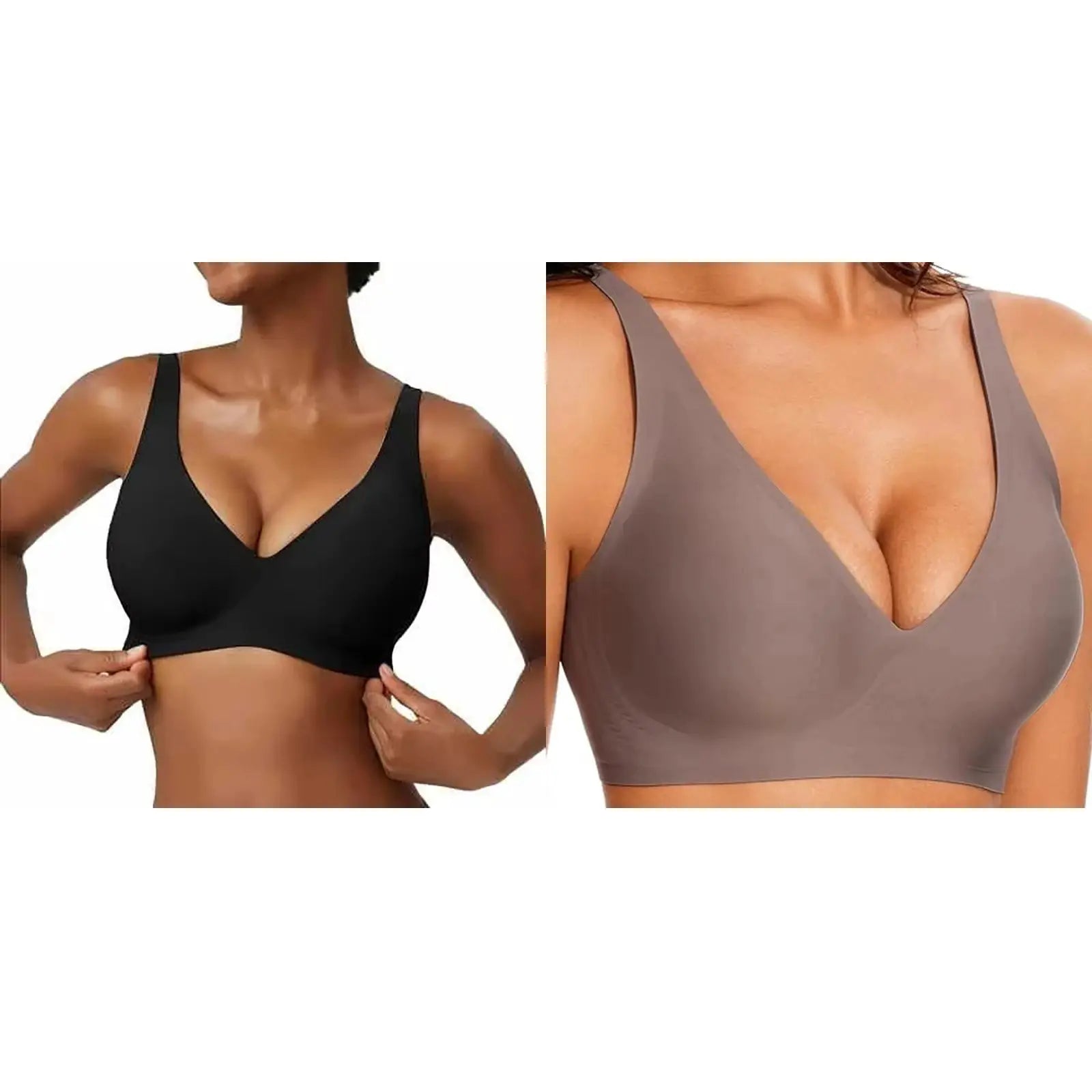 2-pack women's seamless wire-free bras in black and taupe