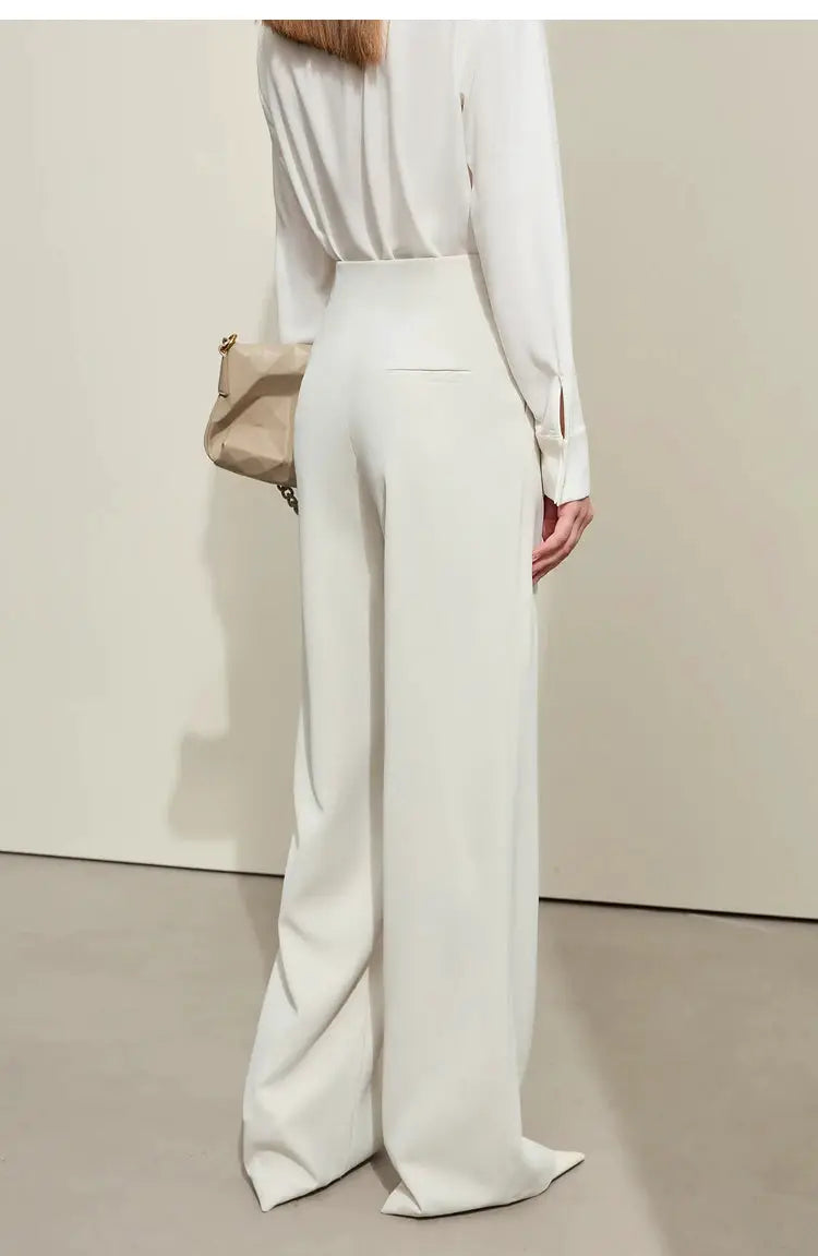 AMII Minimalism white wide-leg pants with high waist and back welt pocket
