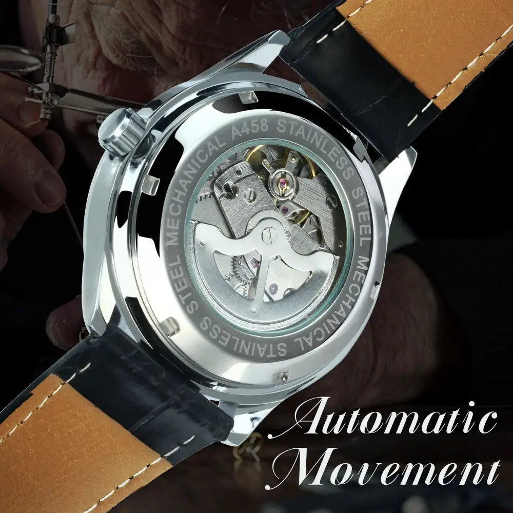 Winner automatic men's mechanical watch with stainless steel case and brown leather strap